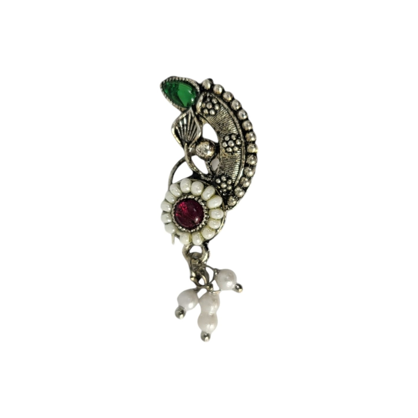 MIDAM™ Red & Green Stone-Studded Silver Oxidized Nose Pin