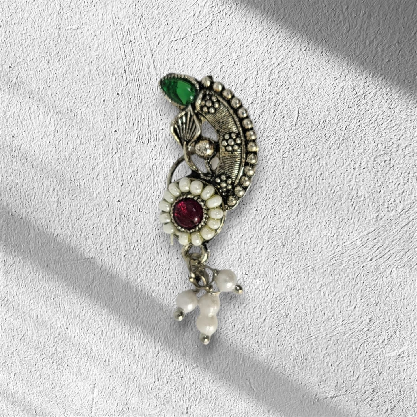 MIDAM™ Red & Green Stone-Studded Silver Oxidized Nose Pin
