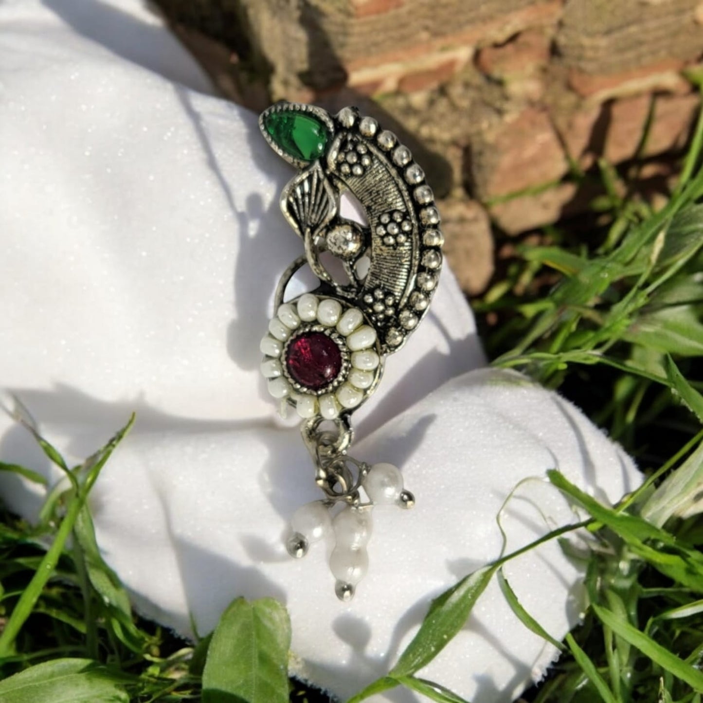 MIDAM™ Red & Green Stone-Studded Silver Oxidized Nose Pin