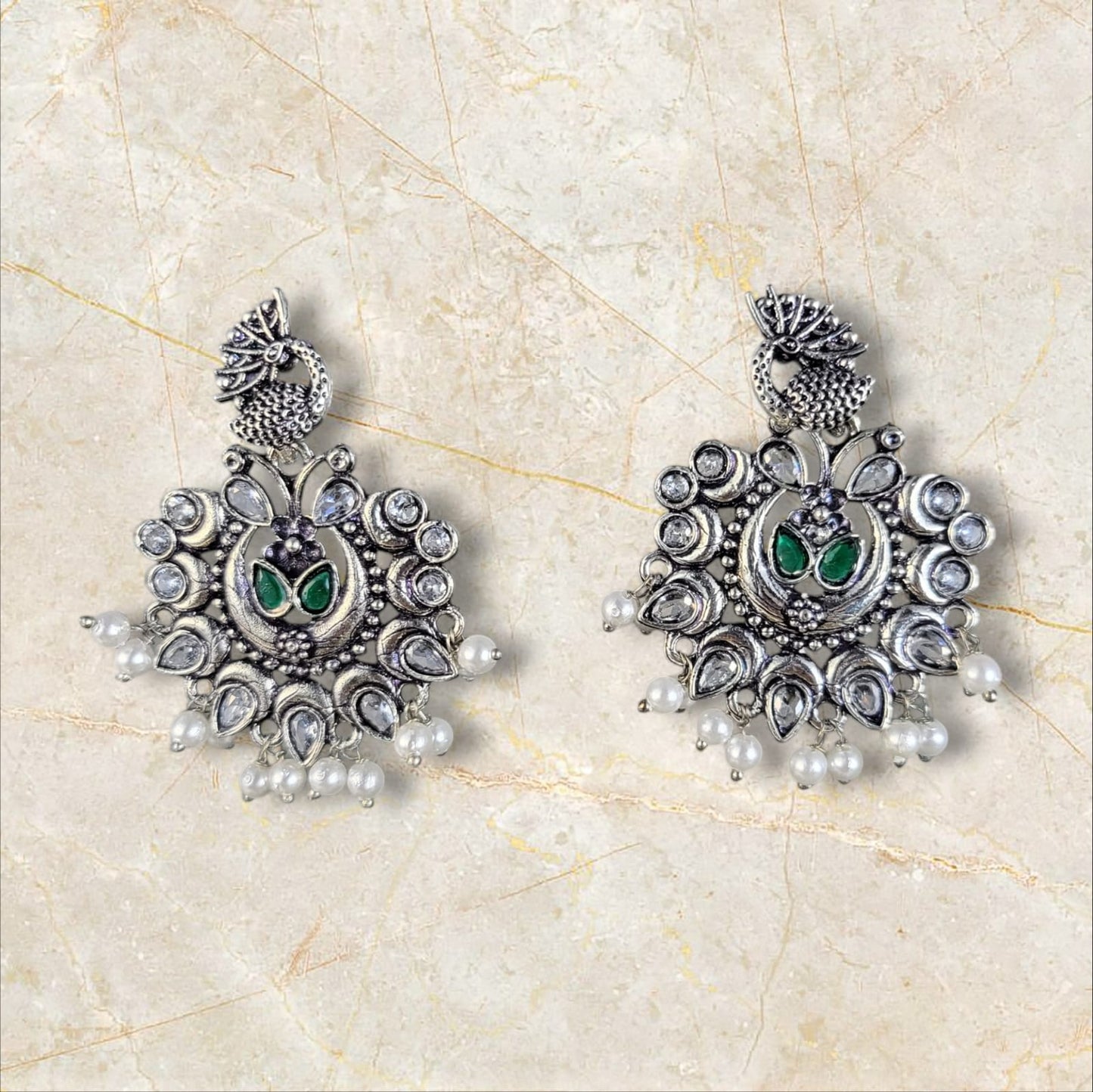 MIDAM™ German Oxidized Silver White Beaded Peacock Studs Earrings