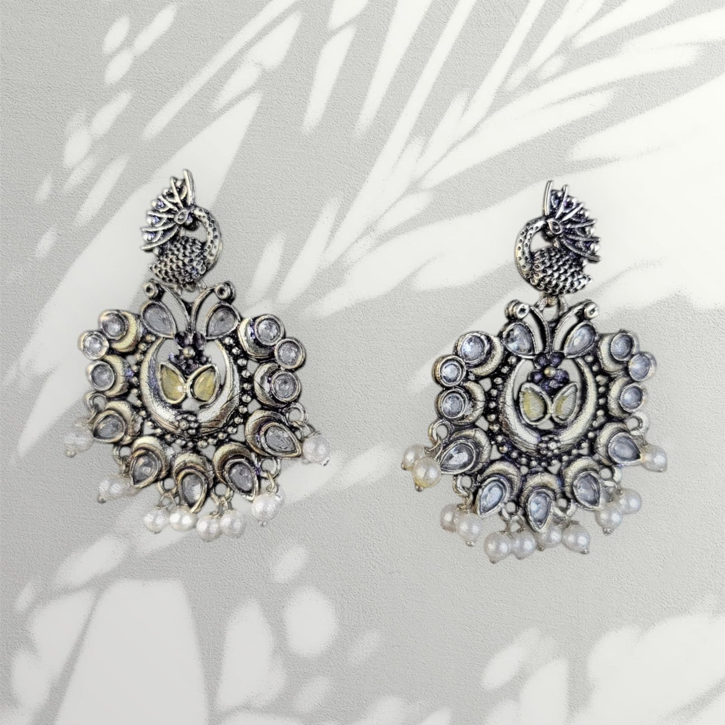 MIDAM™ German Oxidized Silver White Beaded Peacock Studs Earrings