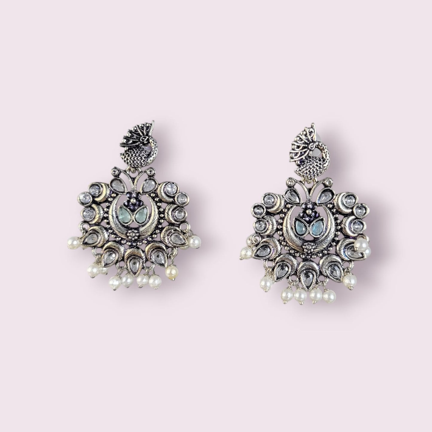 MIDAM™ German Oxidized Silver White Beaded Peacock Studs Earrings