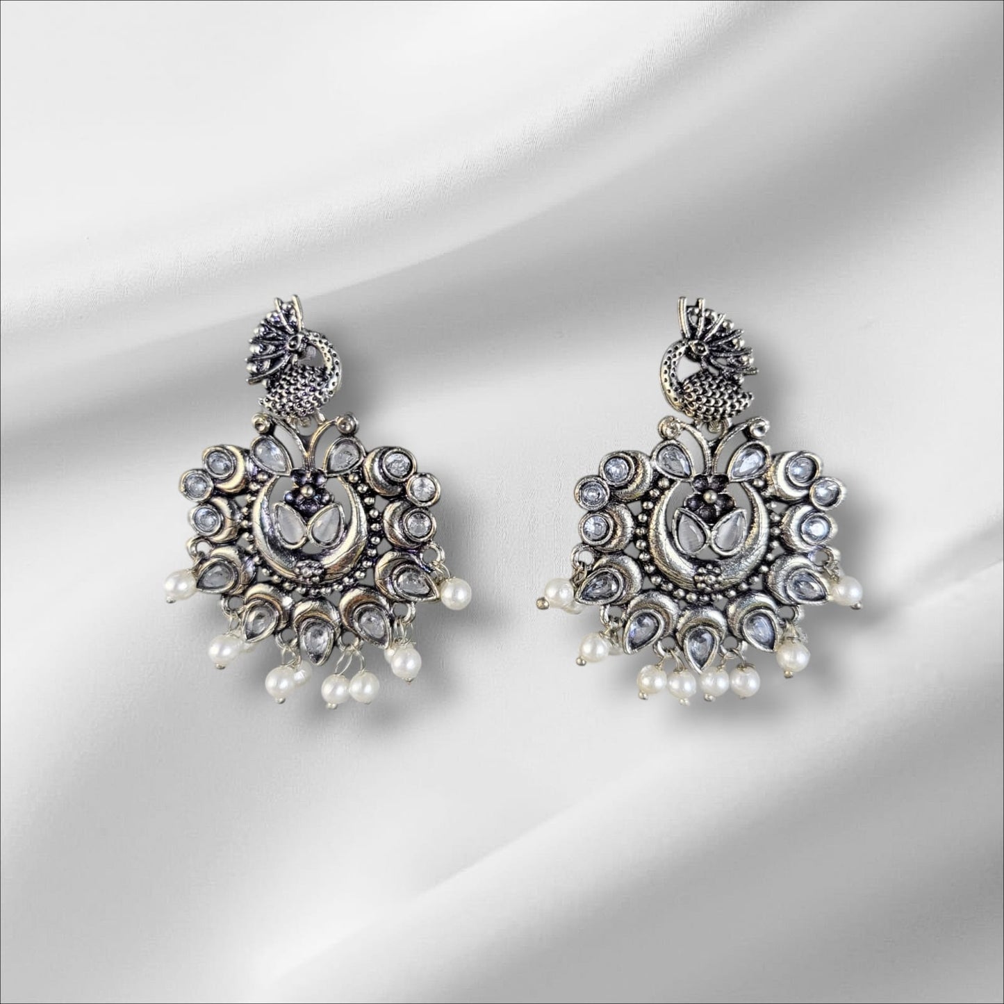 MIDAM™ German Oxidized Silver White Beaded Peacock Studs Earrings