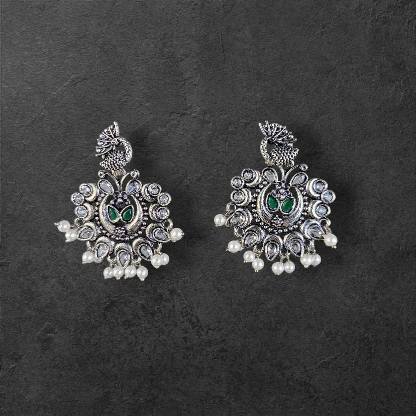 MIDAM™ German Oxidized Silver White Beaded Peacock Studs Earrings