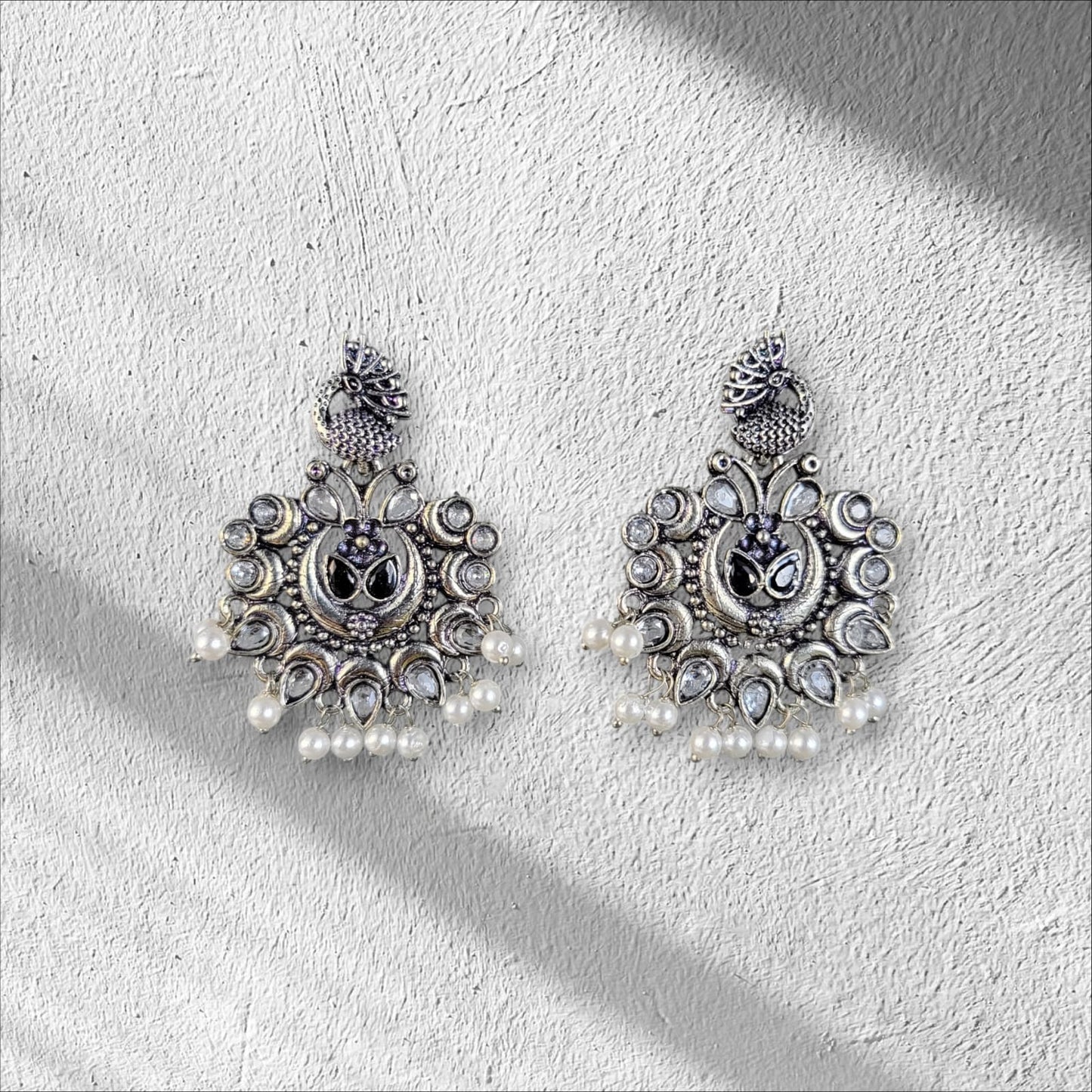 MIDAM™ German Oxidized Silver White Beaded Peacock Studs Earrings