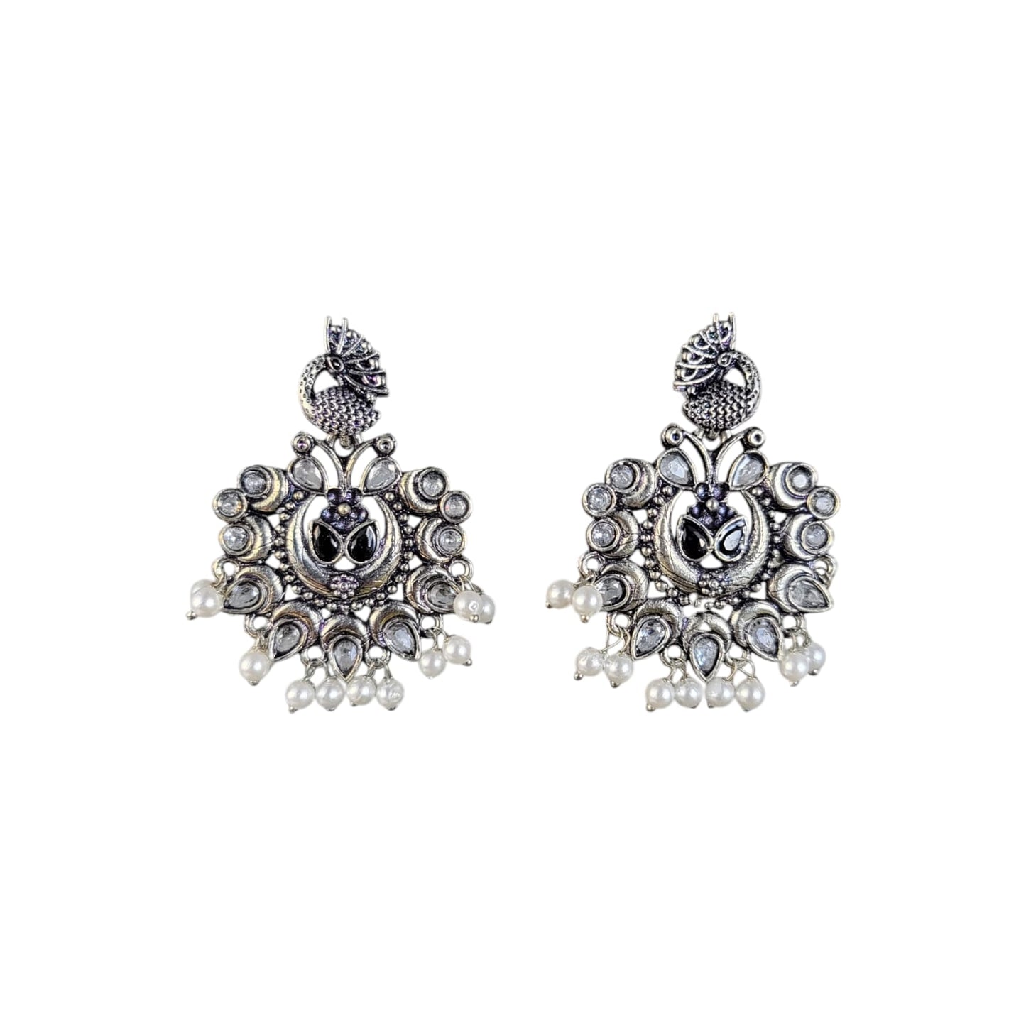 MIDAM™ German Oxidized Silver White Beaded Peacock Studs Earrings