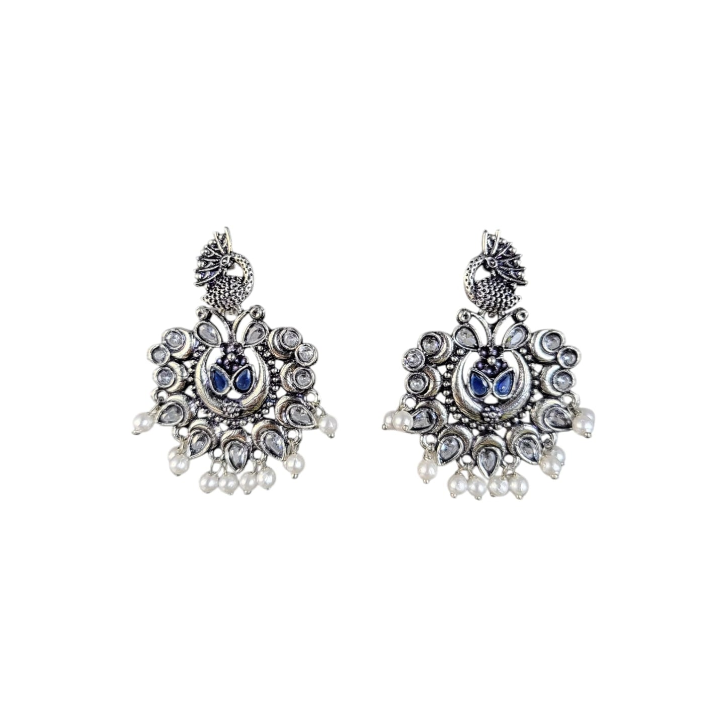 MIDAM™ German Oxidized Silver White Beaded Peacock Studs Earrings