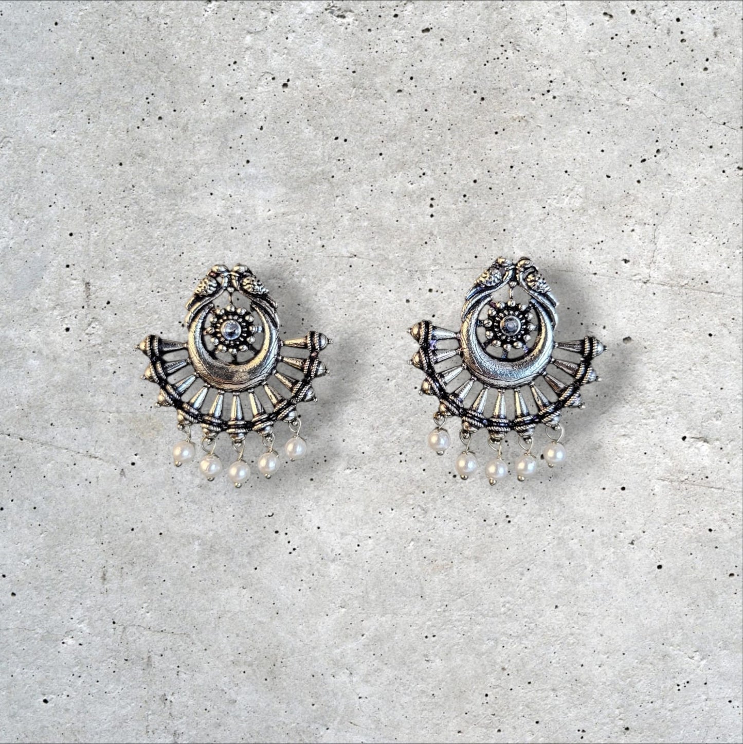MIDAM™ German Oxidized Silver White Beaded Love Birds Contemporary Stud Earrings