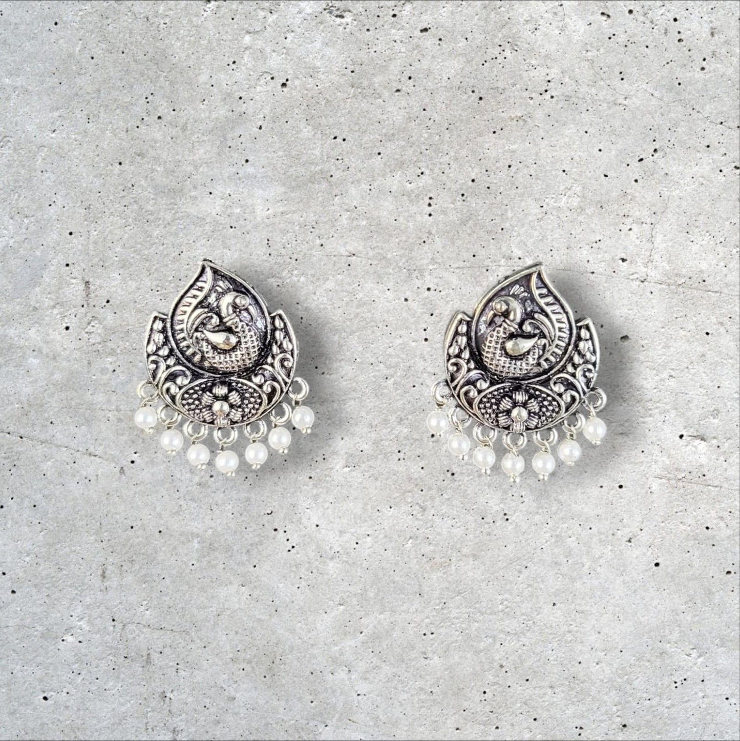 MIDAM™ German Oxidized Silver White Beaded Bird Stud Earrings