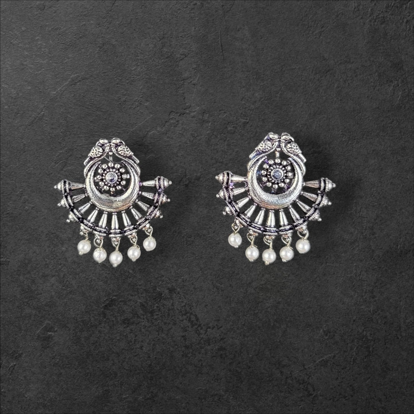 MIDAM™ German Oxidized Silver White Beaded Love Birds Contemporary Stud Earrings