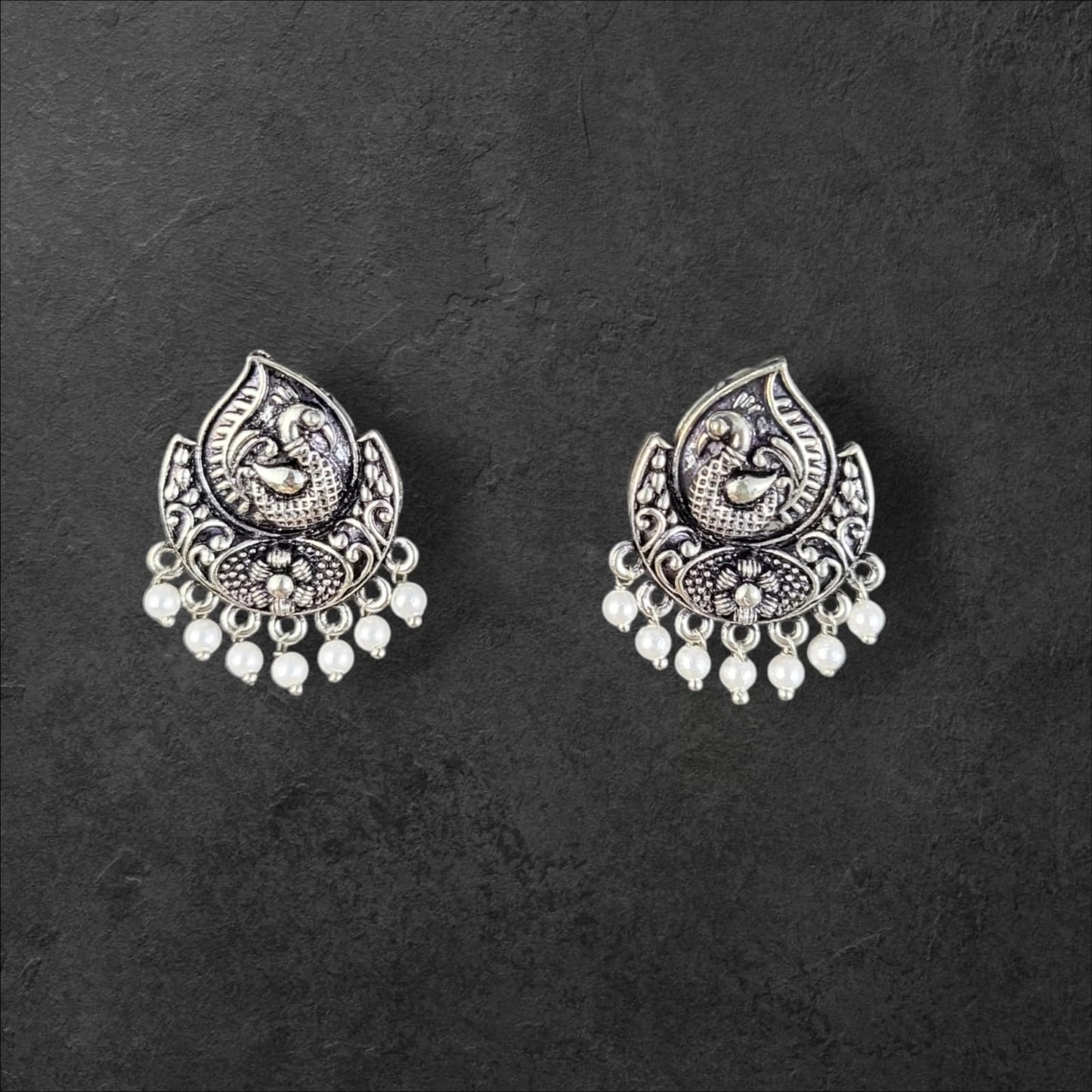 MIDAM™ German Oxidized Silver White Beaded Bird Stud Earrings
