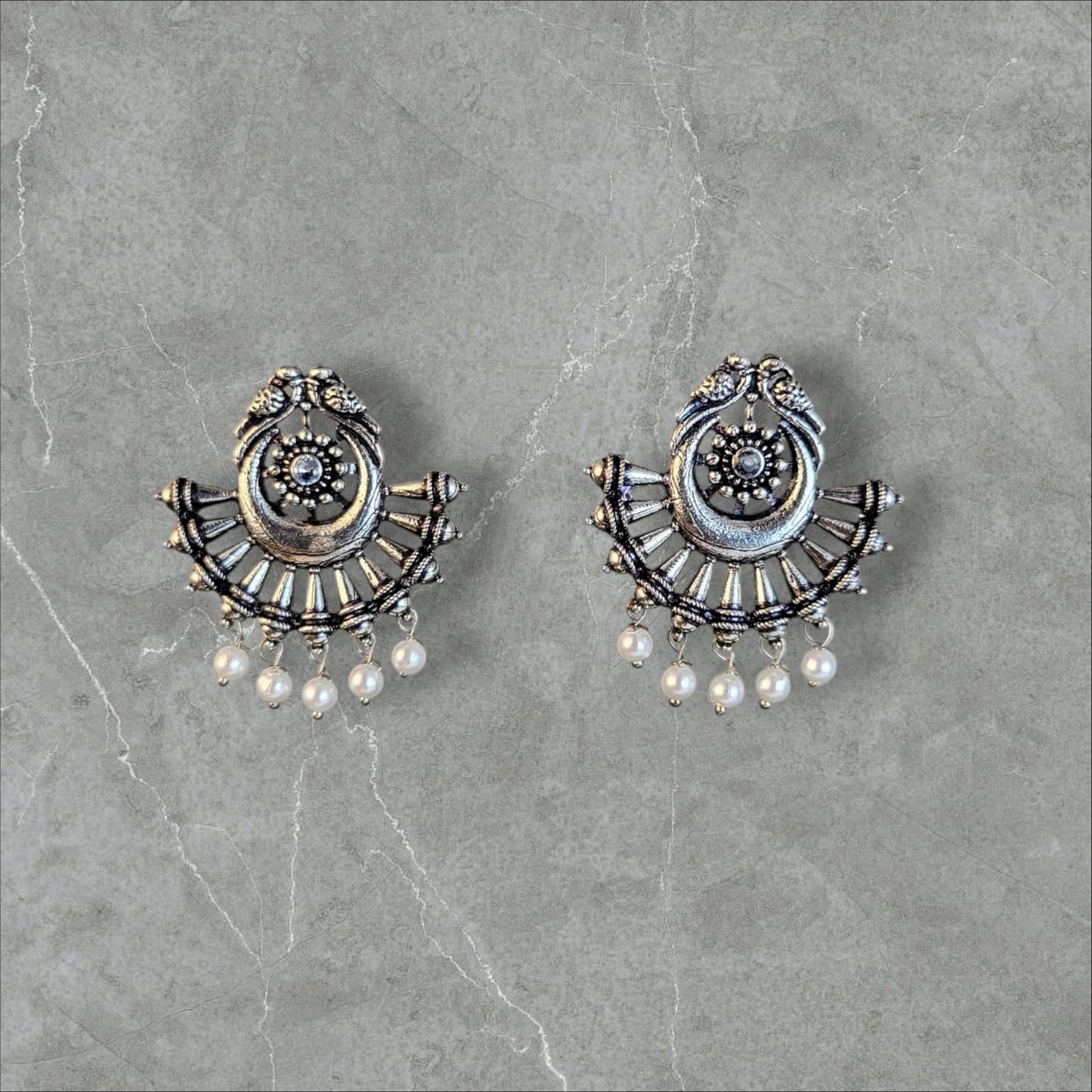 MIDAM™ German Oxidized Silver White Beaded Love Birds Contemporary Stud Earrings