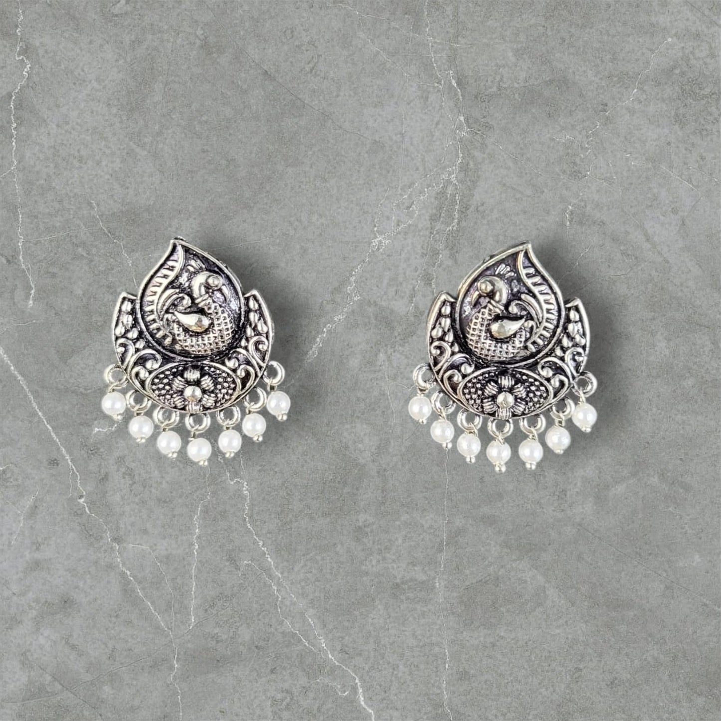 MIDAM™ German Oxidized Silver White Beaded Bird Stud Earrings