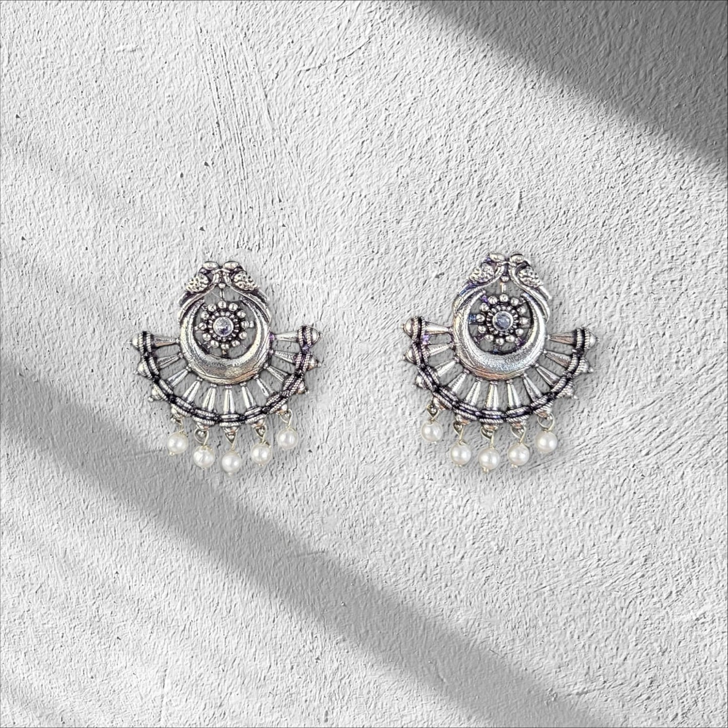 MIDAM™ German Oxidized Silver White Beaded Love Birds Contemporary Stud Earrings