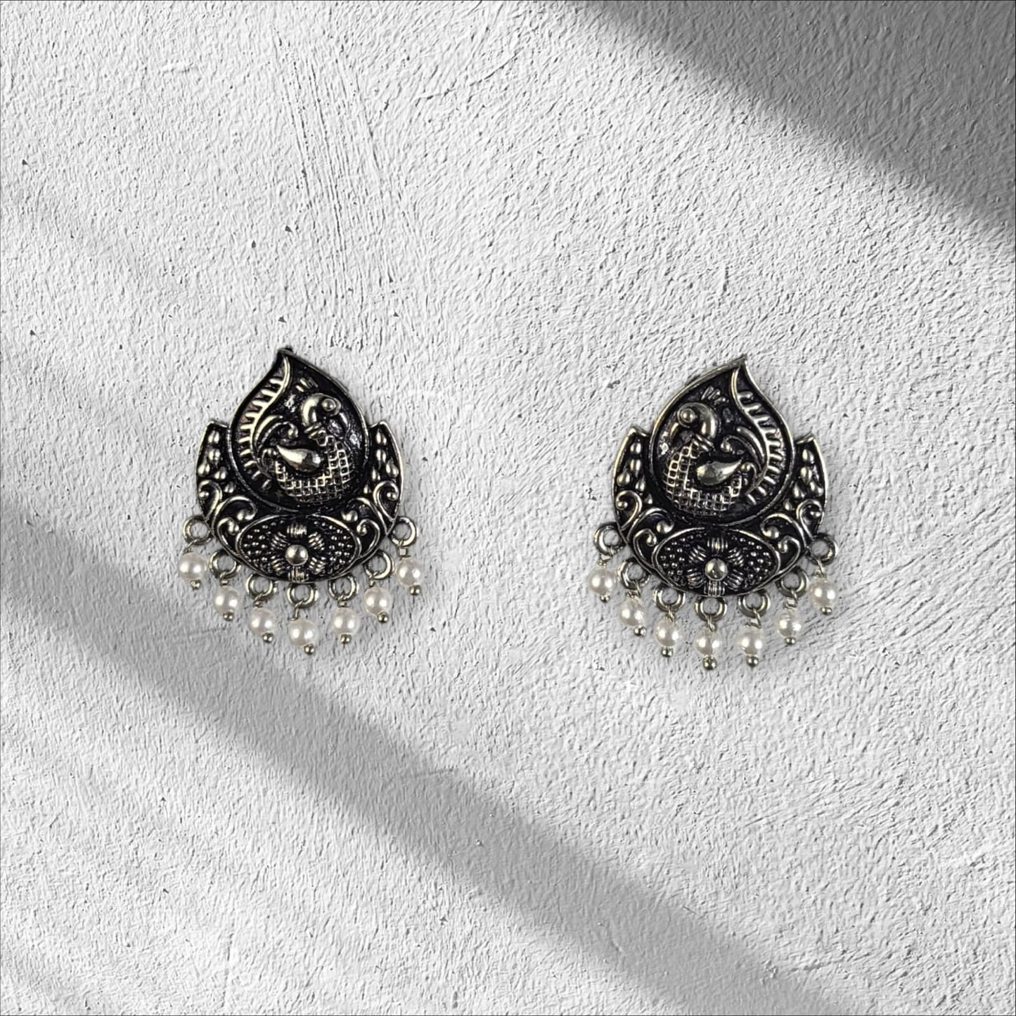 MIDAM™ German Oxidized Silver White Beaded Bird Stud Earrings
