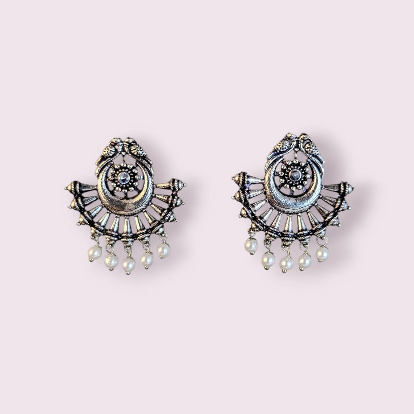 MIDAM™ German Oxidized Silver White Beaded Love Birds Contemporary Stud Earrings