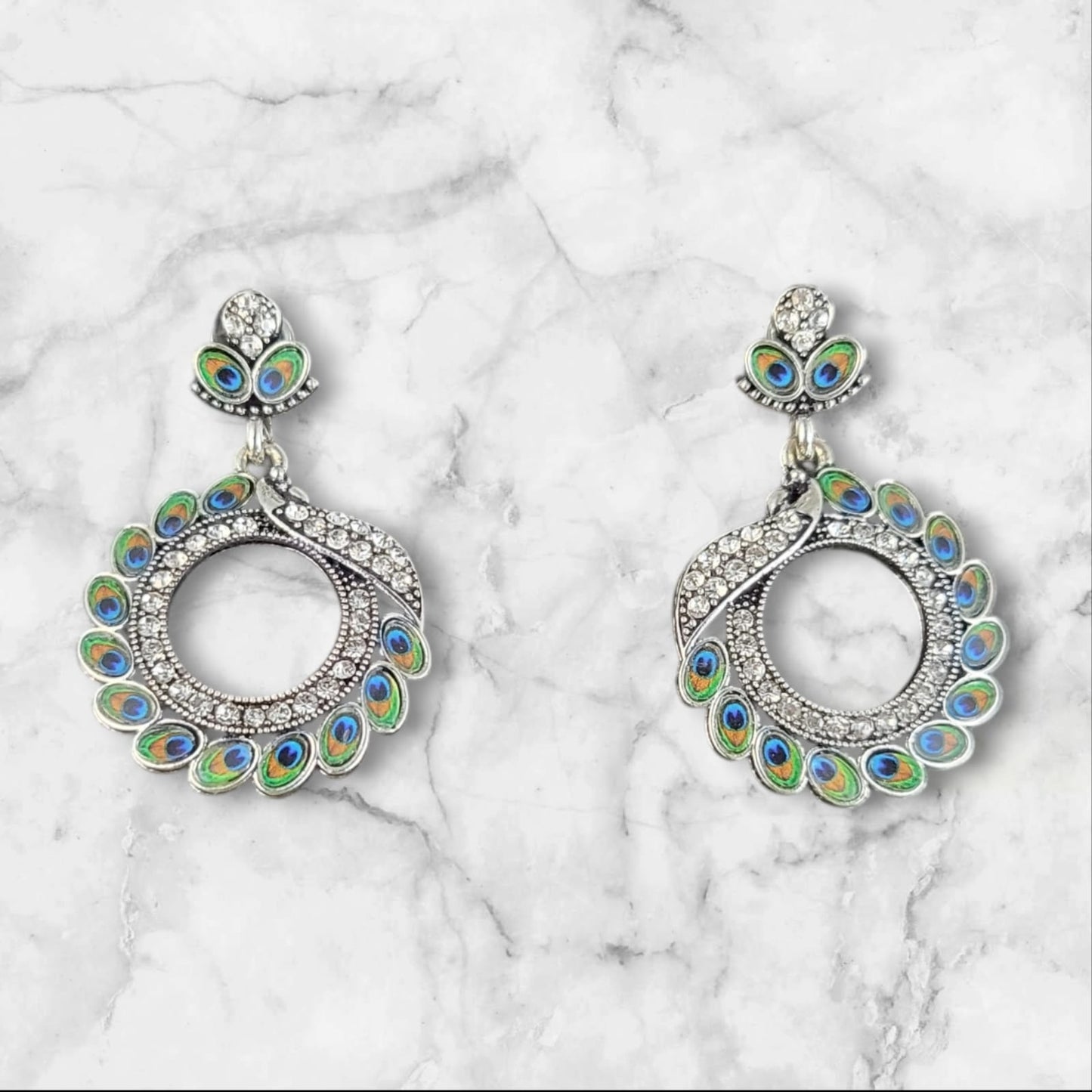 MIDAM™ Silver-toned AD Studded Circular Peacock Shaped Drop Earrings
