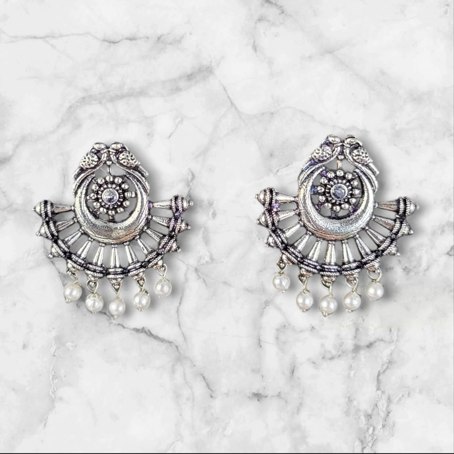MIDAM™ German Oxidized Silver White Beaded Love Birds Contemporary Stud Earrings