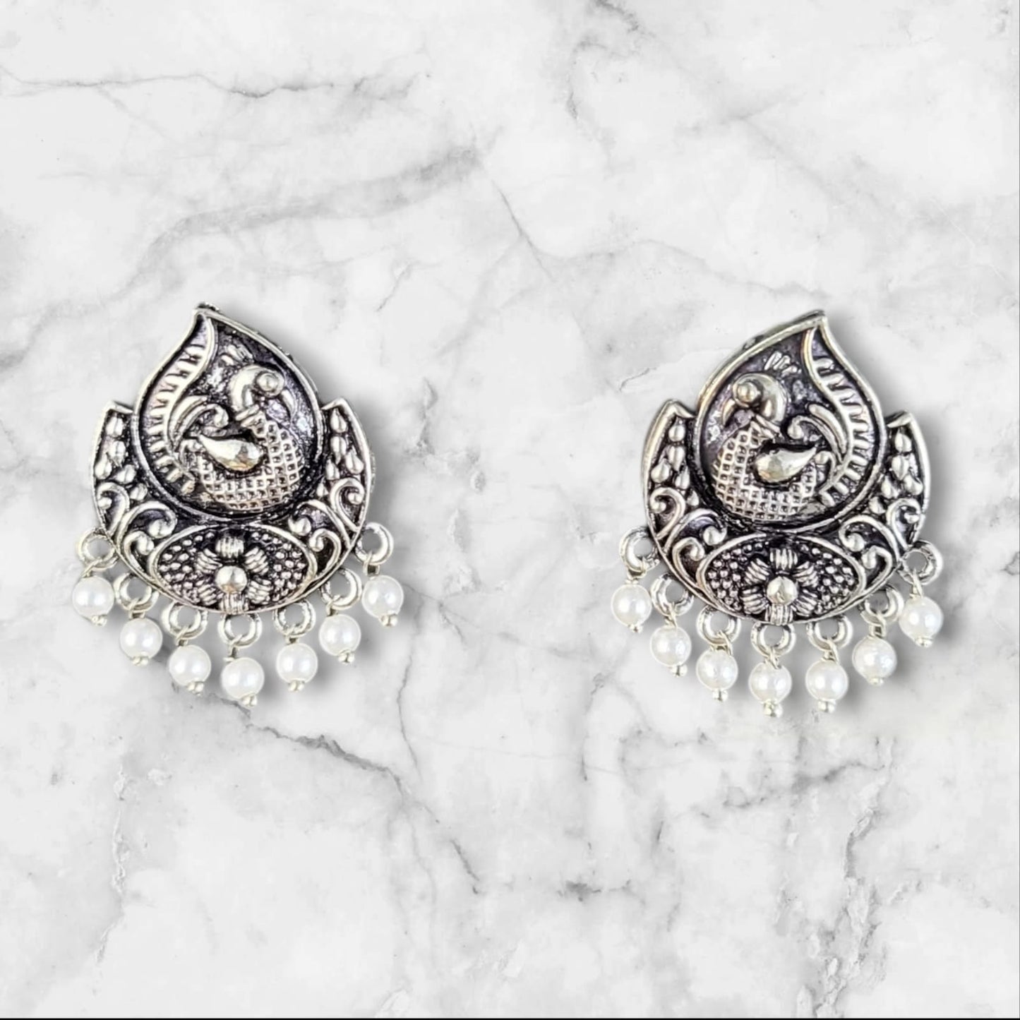 MIDAM™ German Oxidized Silver White Beaded Bird Stud Earrings